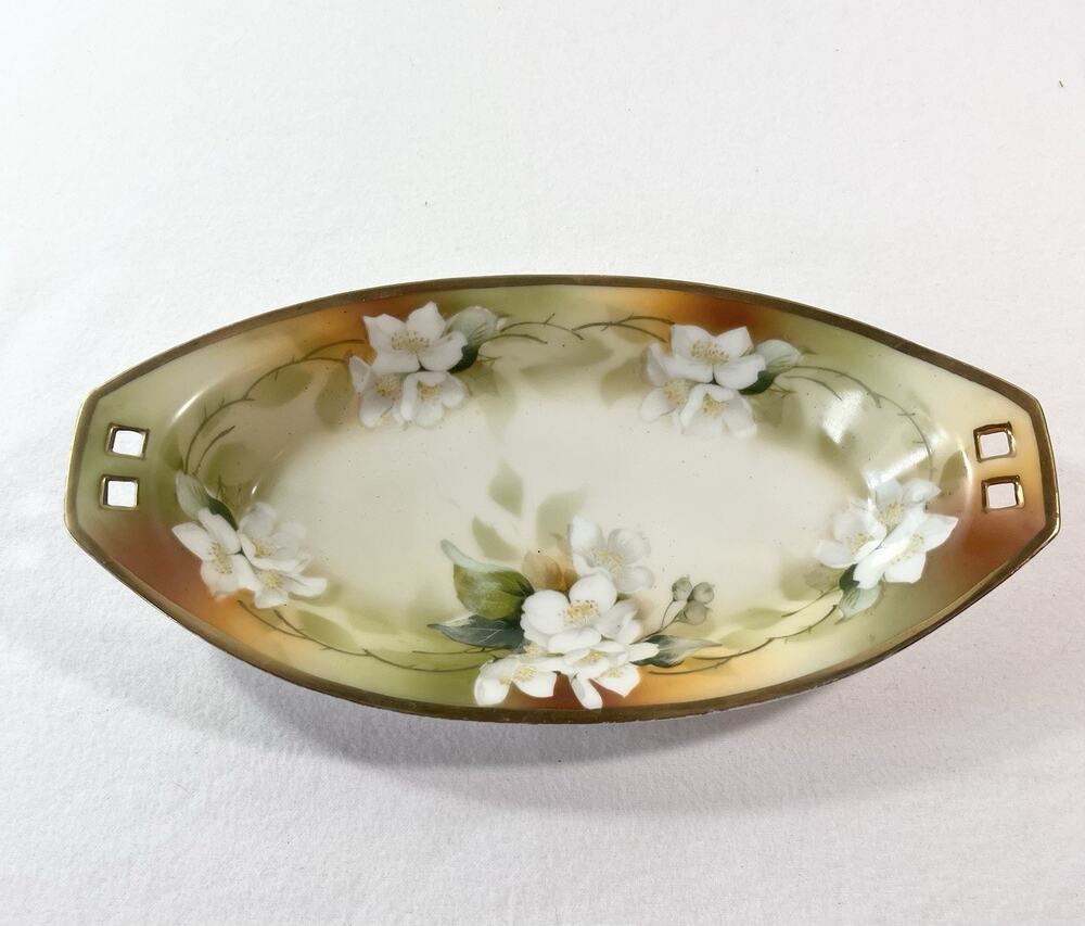 Antique RS Germany Porcelain Celery Dish, Hand Painted With Cutout Handles